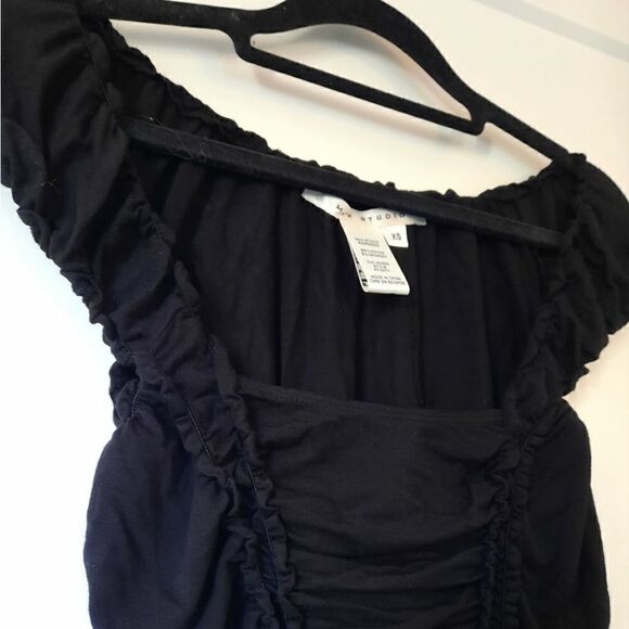 Max Studio Cap Sleeve Square Neck Ruched Ruffle Top Black - Picture 5 of 16